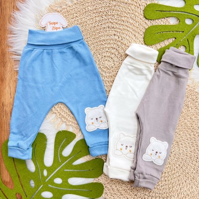 Kit 3 Calças - Ursinhos Fofinhos - Azul Jeans, Chumbo e Off White